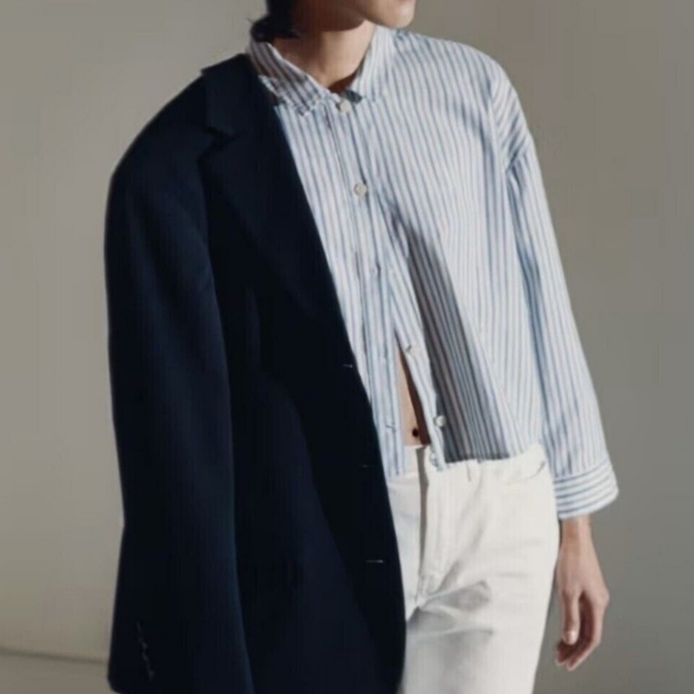 Everlane Women's Blue White StripedWoven Cotton PJ Top Button Crop Size M